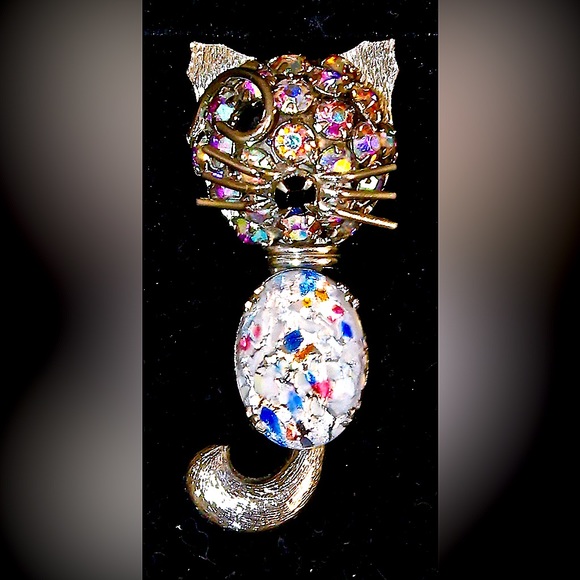 WARNER KITTY CAT BROACH MID CENTURY VINTAGE AURORA BOREALIS SPECKLED CABOCHON - Picture 5 of 8